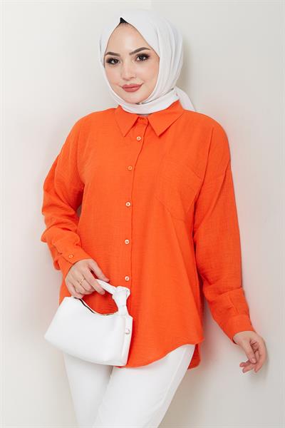 Tek Cepli Uzun Kol Oversize Keten Gömlek Mercan HM2651