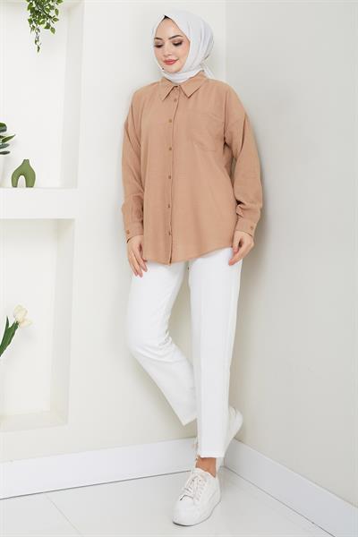Tek Cepli Uzun Kol Oversize Keten Gömlek Vizon HM2651
