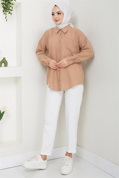 Tek Cepli Uzun Kol Oversize Keten Gömlek Vizon HM2651