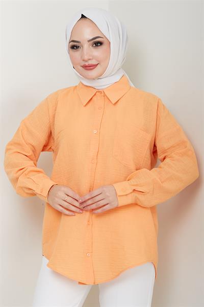 Tek Cepli Uzun Kol Oversize Keten Gömlek Turuncu HM2651