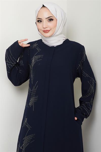 Tek Tarafı ve Kolları Taşlı Büyük Beden Ferace Lacivert HM2711