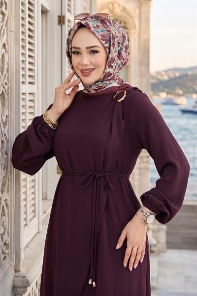 Toka Detaylı Bağlamalı Ayrobin Elbise Mürdüm HM2907