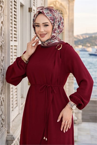 Toka Detaylı Bağlamalı Ayrobin Elbise Bordo HM2907