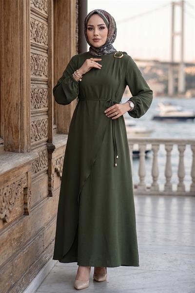 Toka Detaylı Bağlamalı Ayrobin Elbise Haki HM2907