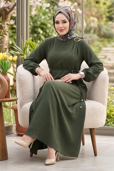 Toka Detaylı Bağlamalı Ayrobin Elbise Haki HM2907