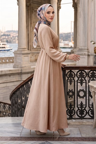 Toka Detaylı Bağlamalı Ayrobin Elbise Bej HM2907