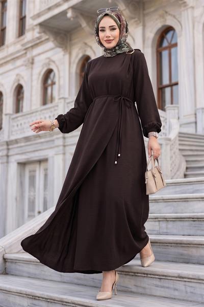 Toka Detaylı Bağlamalı Ayrobin Elbise Acı Kahve HM2907