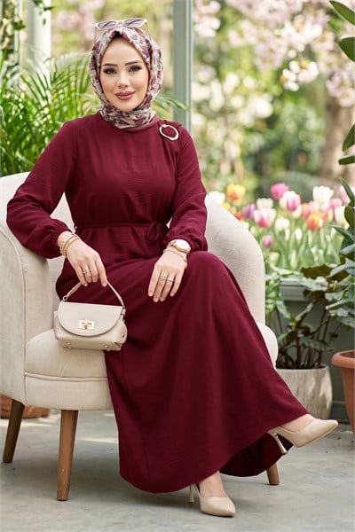 Toka Detaylı Bağlamalı Ayrobin Elbise Bordo HM2907