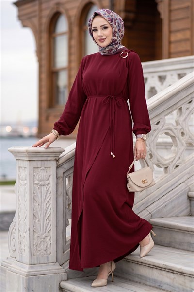 Toka Detaylı Bağlamalı Ayrobin Elbise Bordo HM2907