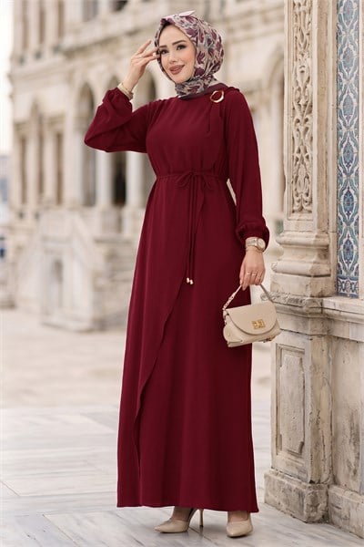 Toka Detaylı Bağlamalı Ayrobin Elbise Bordo HM2907