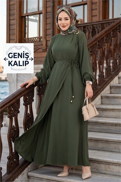 Toka Detaylı Bağlamalı Ayrobin Elbise Haki HM2907