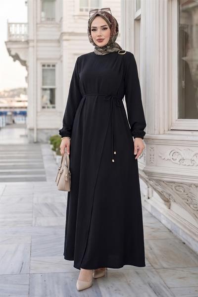 Toka Detaylı Bağlamalı Ayrobin Elbise Siyah HM2907