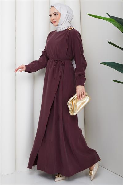 Toka Detaylı Bağlamalı Tesettür Elbise Bordo HM2887