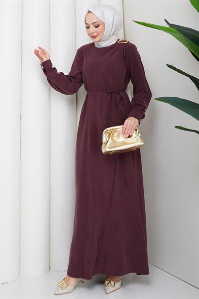 Toka Detaylı Bağlamalı Tesettür Elbise Bordo HM2887
