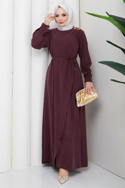 Toka Detaylı Bağlamalı Tesettür Elbise Bordo HM2887