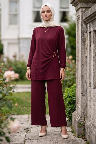 Toka Detaylı Pantolonlu Ayrobin Takım Bordo HM2921
