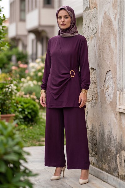 Toka Detaylı Pantolonlu Ayrobin Takım Mürdüm HM2921