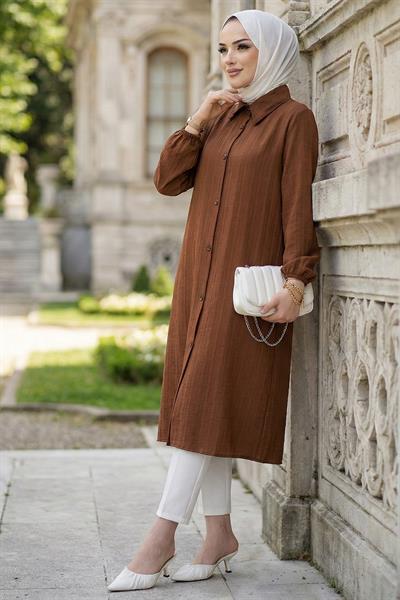 Uzun Düğmeli Tunik Kahverengi HM262109
