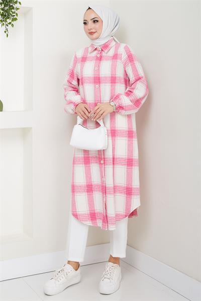 Uzun Ekose Oduncu Gömlek Tunik Pembe HM2652