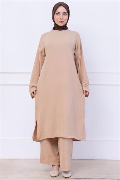 Uzun Tunikli Ayrobin Takım Bej HM2770
