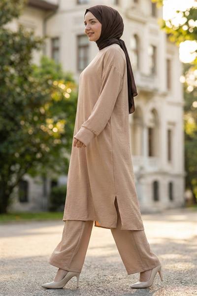 Uzun Tunikli Ayrobin Takım Bej HM2770