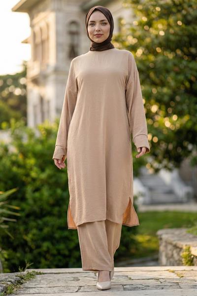 Uzun Tunikli Ayrobin Takım Bej HM2770