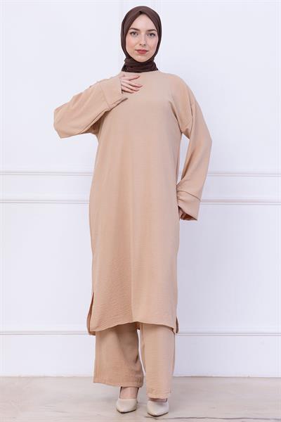 Uzun Tunikli Ayrobin Takım Bej HM2770