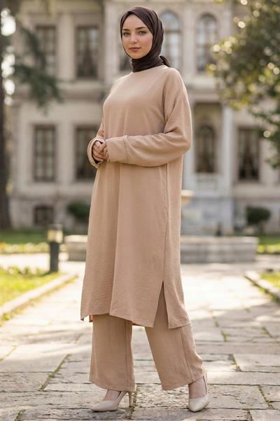 Uzun Tunikli Ayrobin Takım Bej HM2770