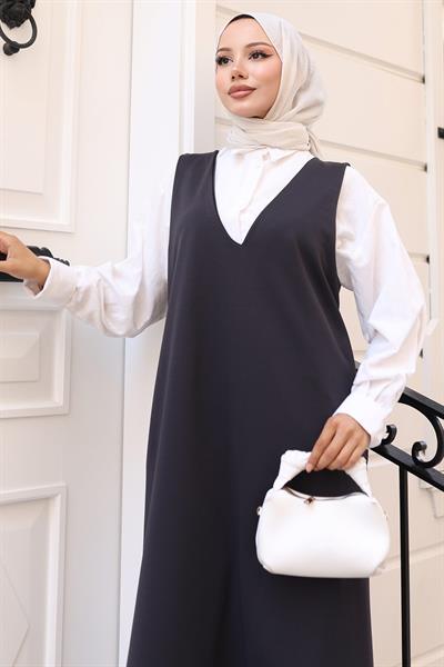 V Yaka Cepli Örme Jile Elbise Antrasit HM2754