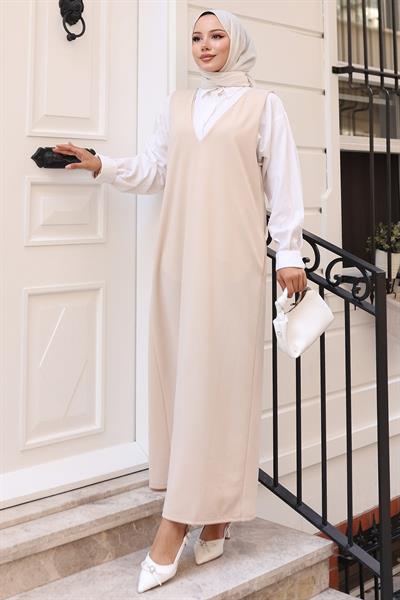 V Yaka Cepli Örme Jile Elbise Bej HM2754