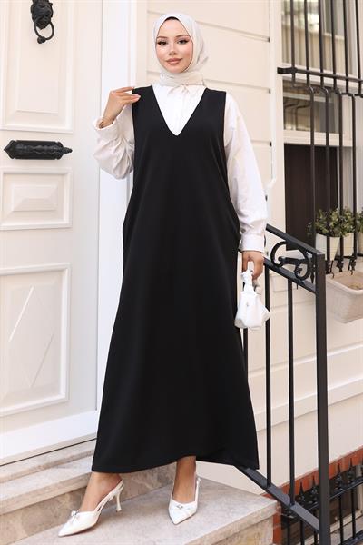 V Yaka Cepli Örme Jile Elbise Siyah HM2754