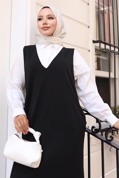V Yaka Cepli Örme Jile Elbise Siyah HM2754