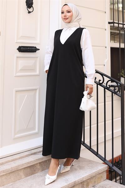 V Yaka Cepli Örme Jile Elbise Siyah HM2754