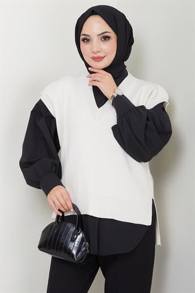 V Yaka Triko Süveter Krem HM2635