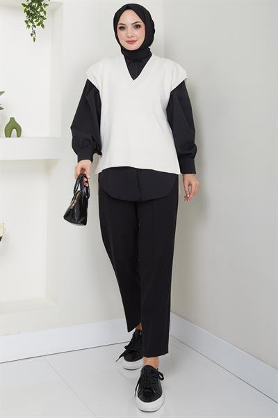 V Yaka Triko Süveter Krem HM2635