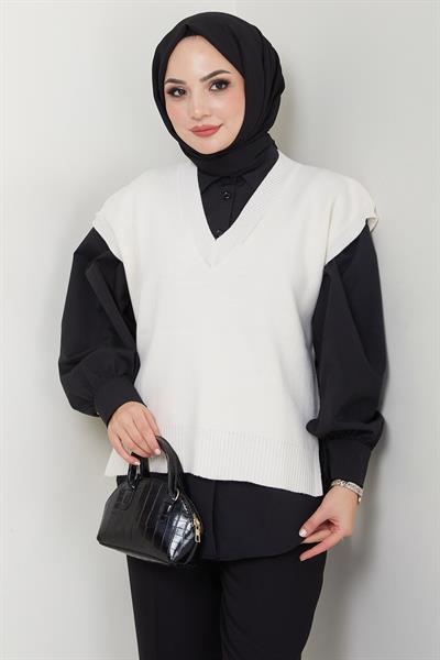 V Yaka Triko Süveter Krem HM2635