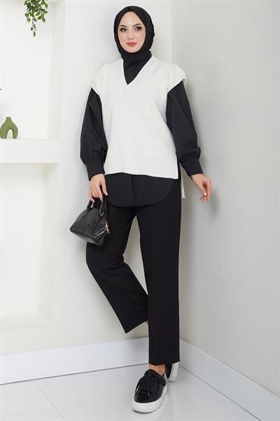 V Yaka Triko Süveter Krem HM2635