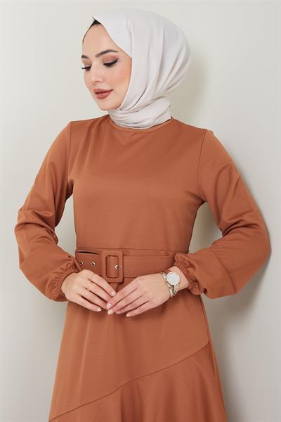 Volan Detaylı Kemerli Elbise Taba HM2421