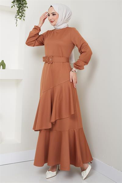 Volan Detaylı Kemerli Elbise Taba HM2421