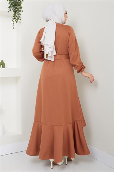Volan Detaylı Kemerli Elbise Taba HM2421