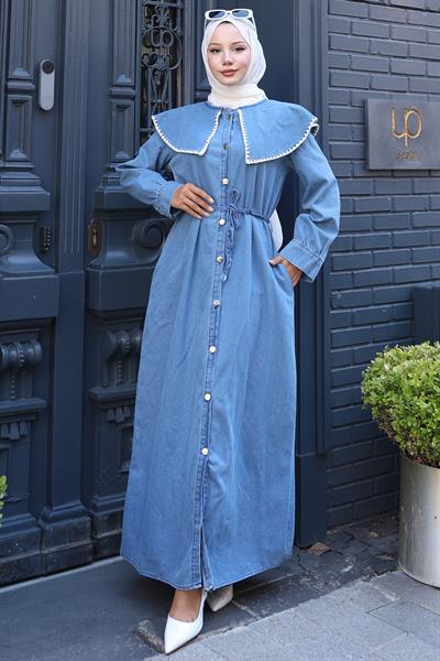 Yaka Detaylı Boydan Düğmeli Kot Elbise HM2772 Açık Mavi