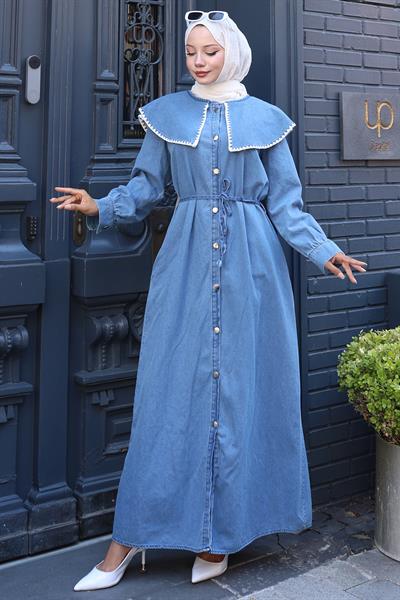 Yaka Detaylı Boydan Düğmeli Kot Elbise HM2772 Açık Mavi