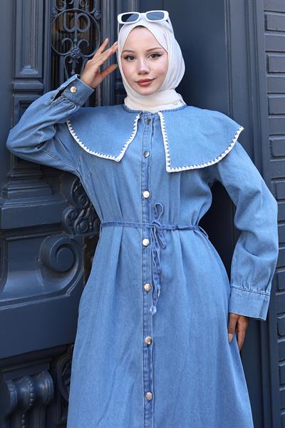 Yaka Detaylı Boydan Düğmeli Kot Elbise HM2772 Açık Mavi