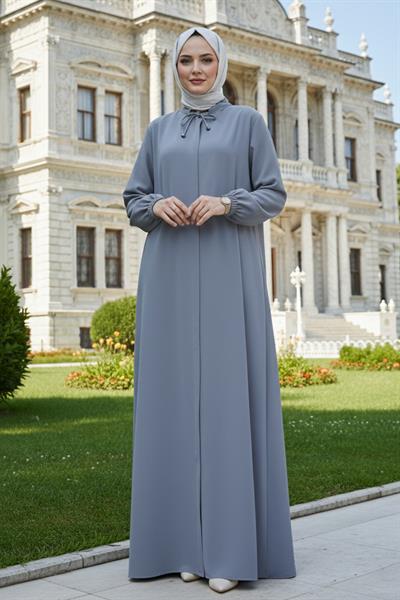 Yakası Bağcık Detaylı Büyük Beden Ferace Gri HM2868
