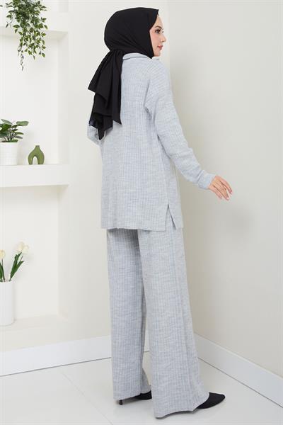 Yakası Fermuarlı Fitilli Triko Takım Gri HM2550