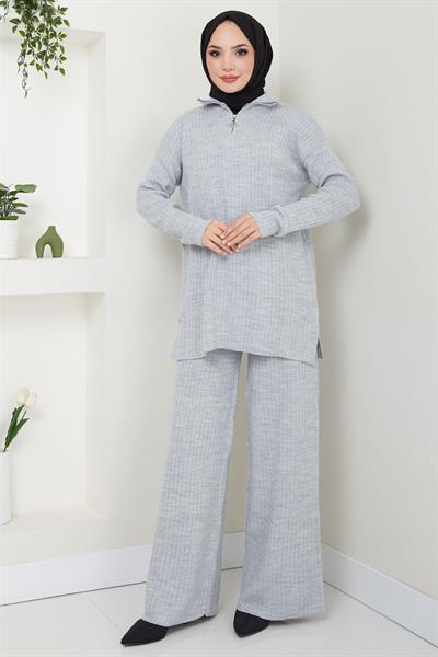 Yakası Fermuarlı Fitilli Triko Takım Gri HM2550