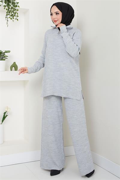Yakası Fermuarlı Fitilli Triko Takım Gri HM2550