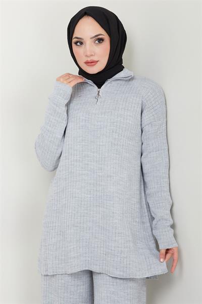 Yakası Fermuarlı Fitilli Triko Takım Gri HM2550