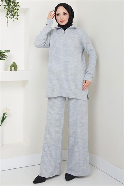 Yakası Fermuarlı Fitilli Triko Takım Gri HM2550