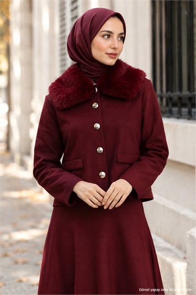Yakası Kürklü Puf Scuba Takım Bordo HM2968